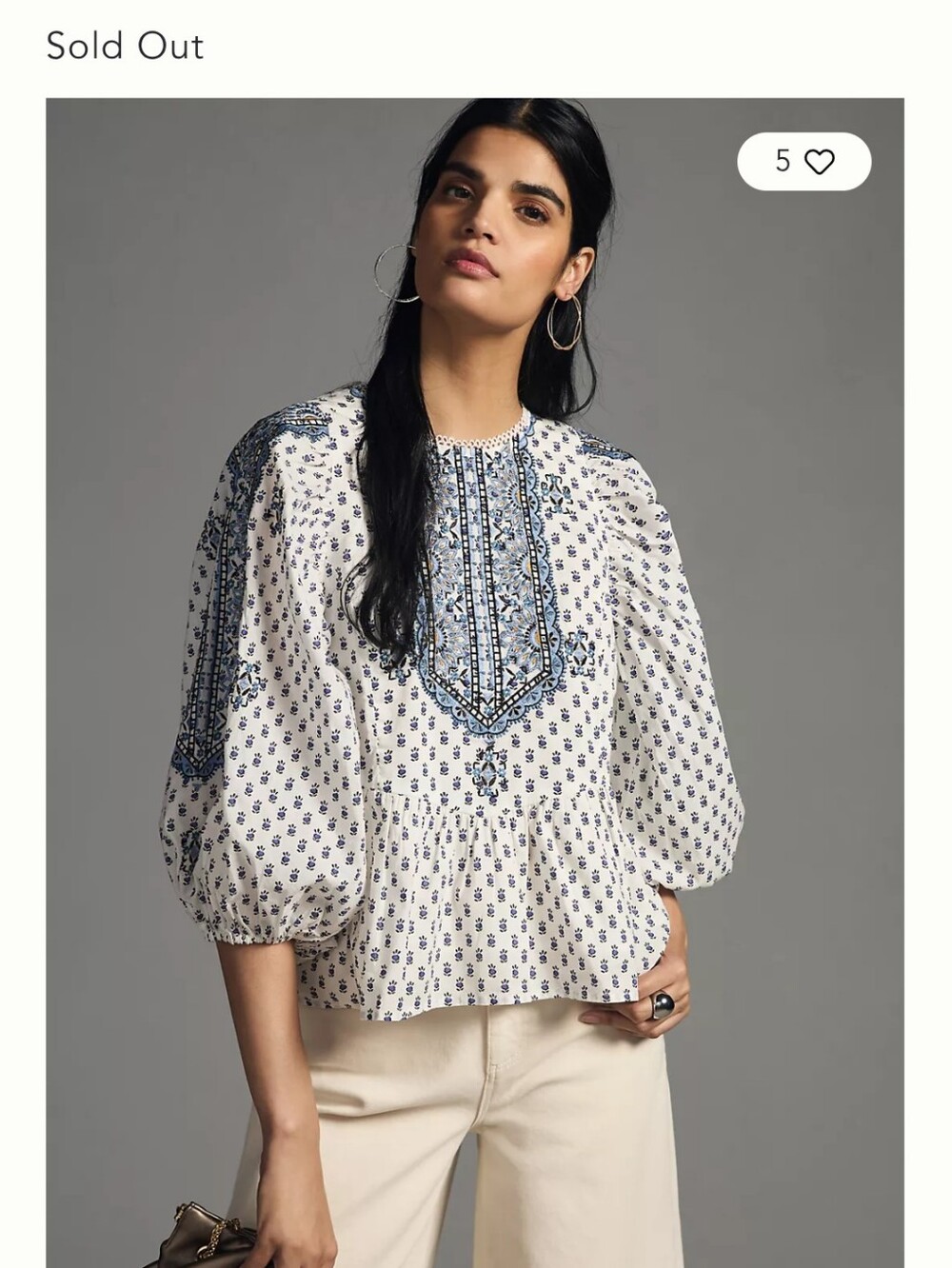 Anthropologie White Blouse with Blue Embroidery